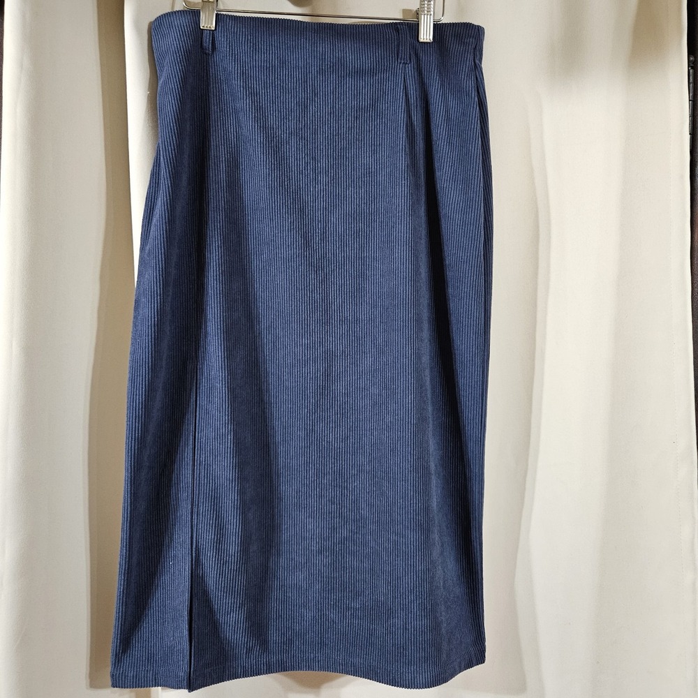 Halara High Waisted Hem Midi Ribbed Corduroy Casual Skirt‎ Size Large Blue Slit